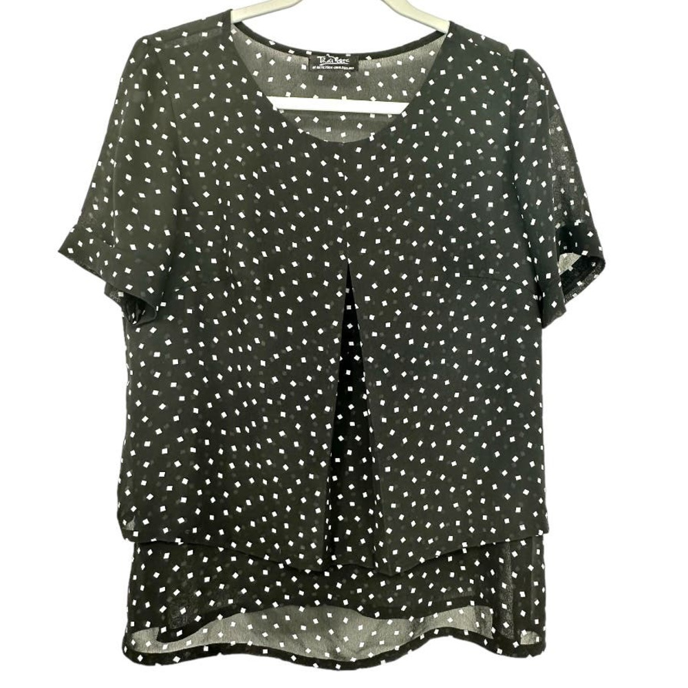 Thai Black White Square Dot Flowy Pullover Top Large